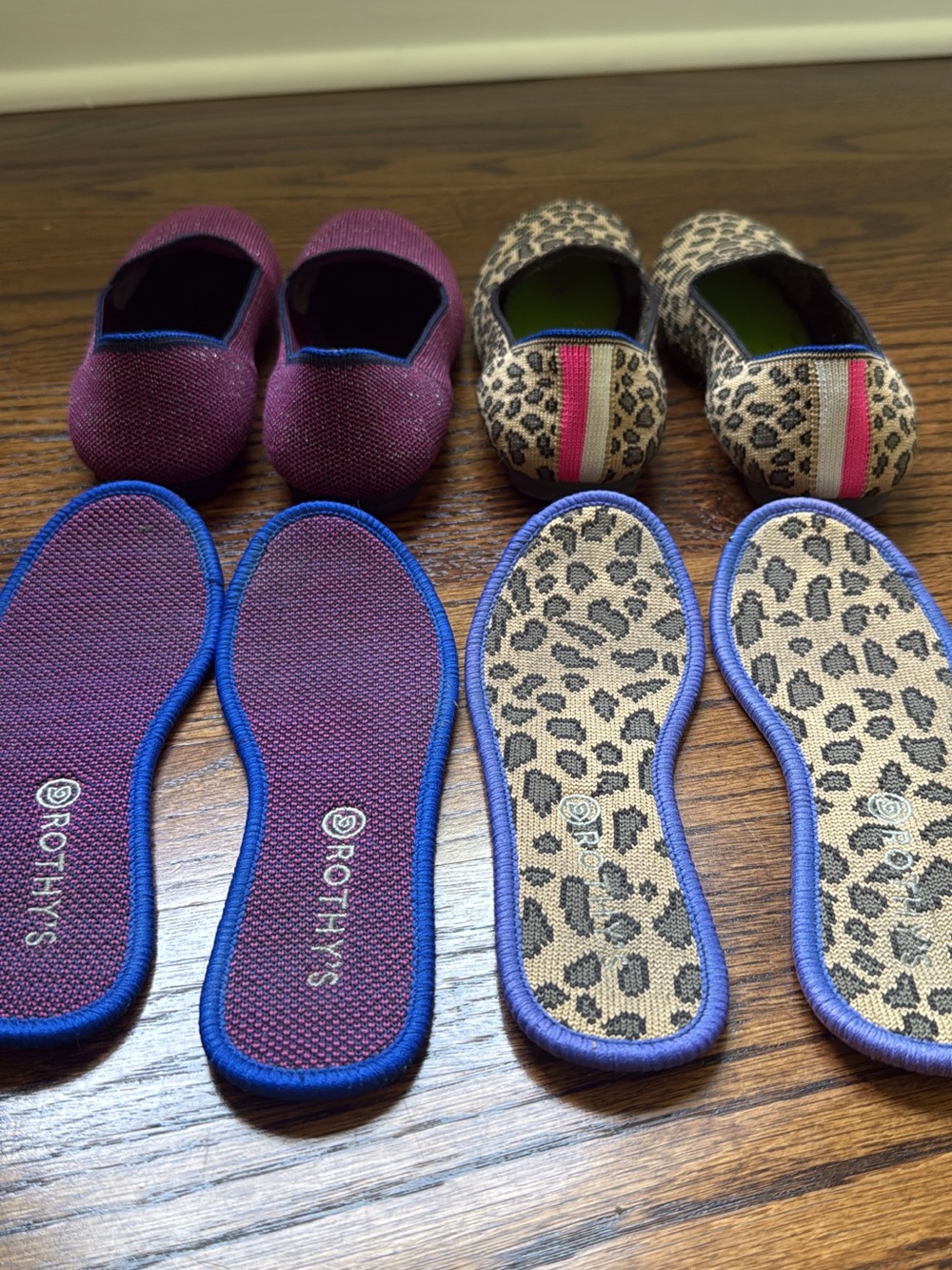 Rothy's bundle Slip-On Flats in mulberry glitter and Leopard Print size 1